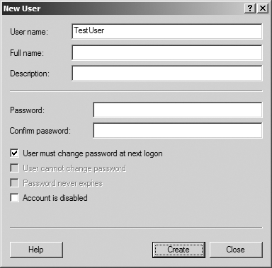 The graphical new user tool in the Computer Management console.