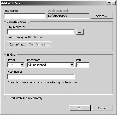 The Add Web Site dialog box allows configuration of a new Web site.