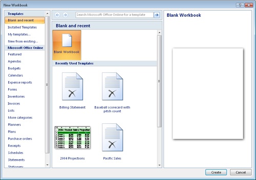 Click the Microsoft Office Button and then click New to display the New Workbook dialog box.