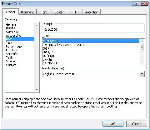 Use the Number tab in the Format Cells dialog box to apply Date and Time formats to cells.