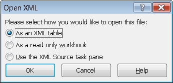 When you open an XML data file, Excel presents this dialog box. Choose the first option to open all elements of the XML structure or the third option to work only with particular elements.