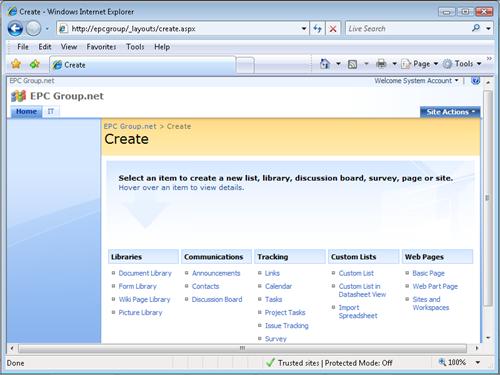 The Create page within a site enables users to create a new SharePoint team site as well as other libraries and lists.