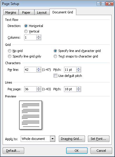 The document grid enables you to precisely control line and character spacing in documents that contain East Asian text.