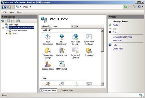 IIS Manager: server home page.
