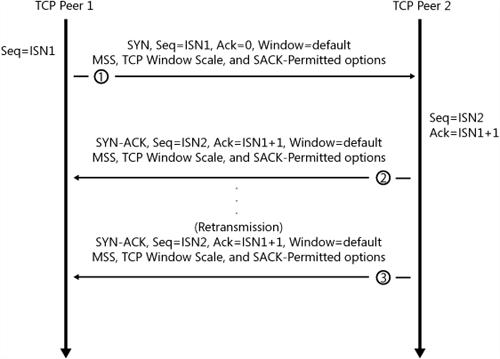A TCP half-open connection showing the SYN segment and retransmissions of the SYN-ACK segment