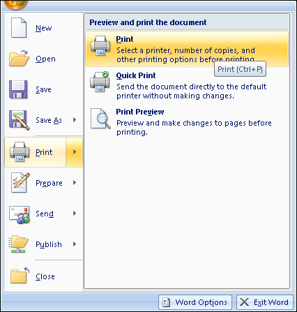 In Office Word 2007, the Print options are located under the Microsoft Office Button in the toolbar.