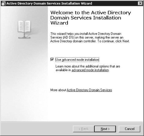 The new Welcome page of the AD DS Installation Wizard has the option to use advanced mode installation.