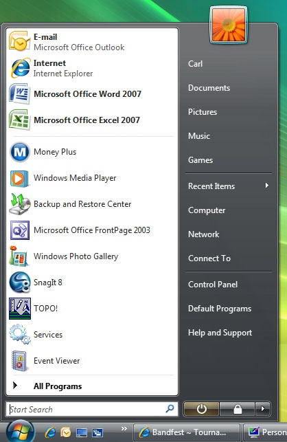 The default Start menu provides a place to "pin" your most frequently needed programs, displays recently used programs below that, and offers access to crucial system folders on the right.