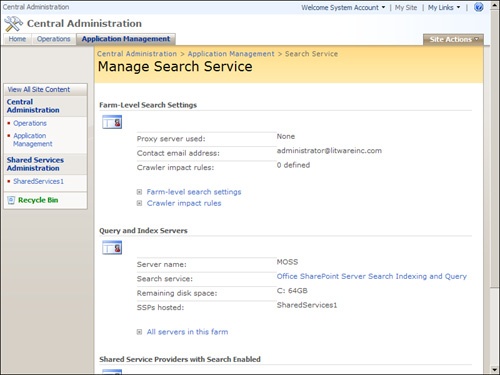 The Manage Search Service page