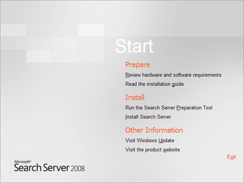 Initial screen in the Search Server 2008 setup wizard