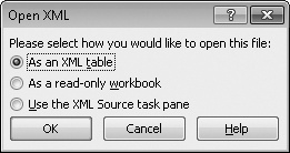 When you open an XML data file, Excel presents this dialog box. Choose the first option to open all elements of the XML structure or the third option to work only with particular elements.