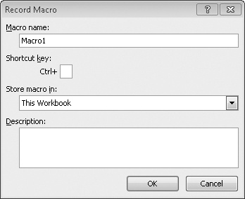 In the Record Macro dialog box, you must provide a name for the macro and indicate where the macro should be stored. The Shortcut Key and Description fields are optional.