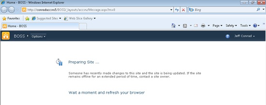 You’ll see this web page when the server is compiling your Access Services site.