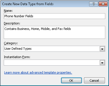Enter your custom Data Type Part options on the Create New Data Type From Fields dialog box.