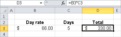 Using cell references to multiply the day rate by days.