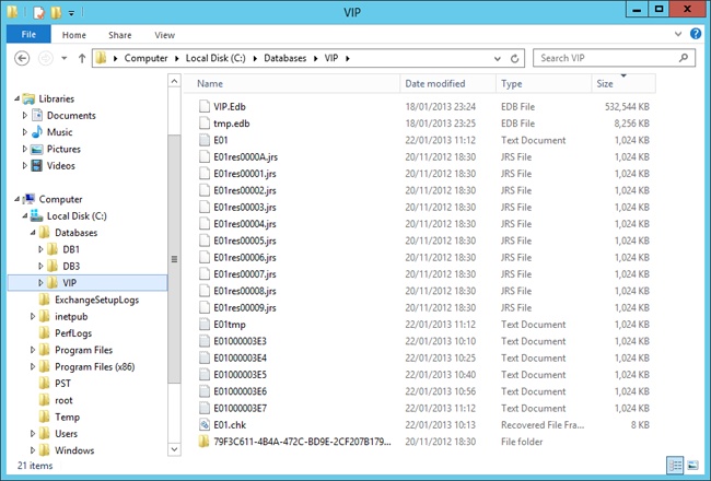 A screen shot of Windows Explorer positioned in the directory where Exchange holds the files for a mailbox database. The database (VIP.EDB) and its associated transaction logs is displayed.