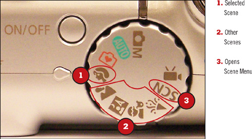 A typical digital camera’s control dial with the Portrait scene selected.