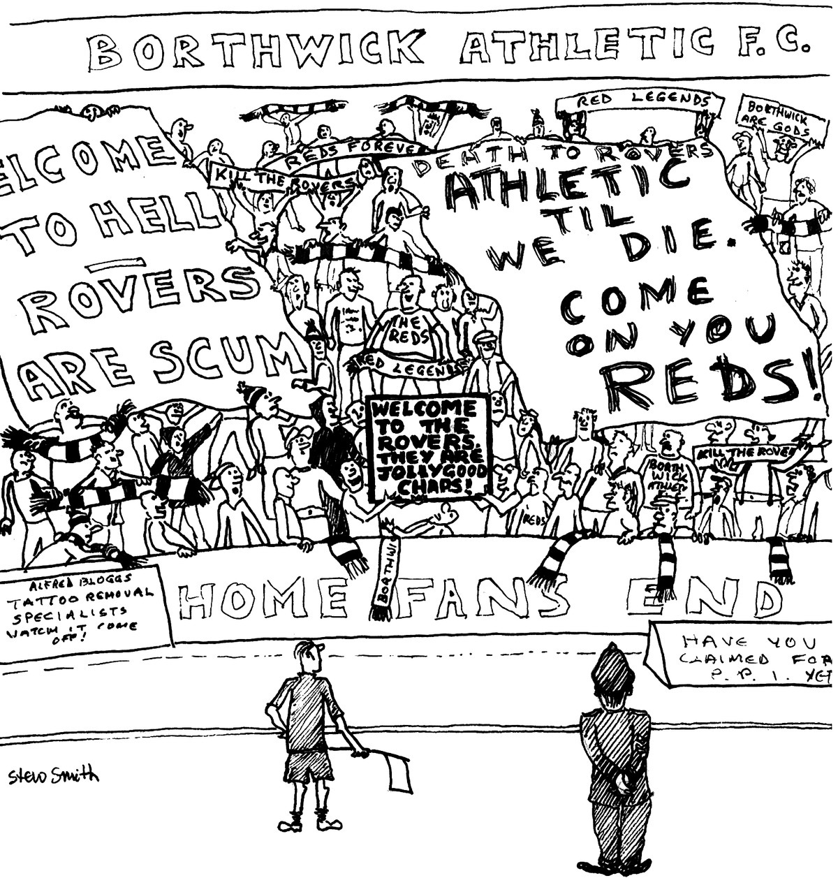 Cartoon illustration of a group of Reds fans with their banners and tarpaulins saying, “Death to Rovers, athletic ‘til we die. Come on you Reds!”, Red legends, Reds forever, etc.