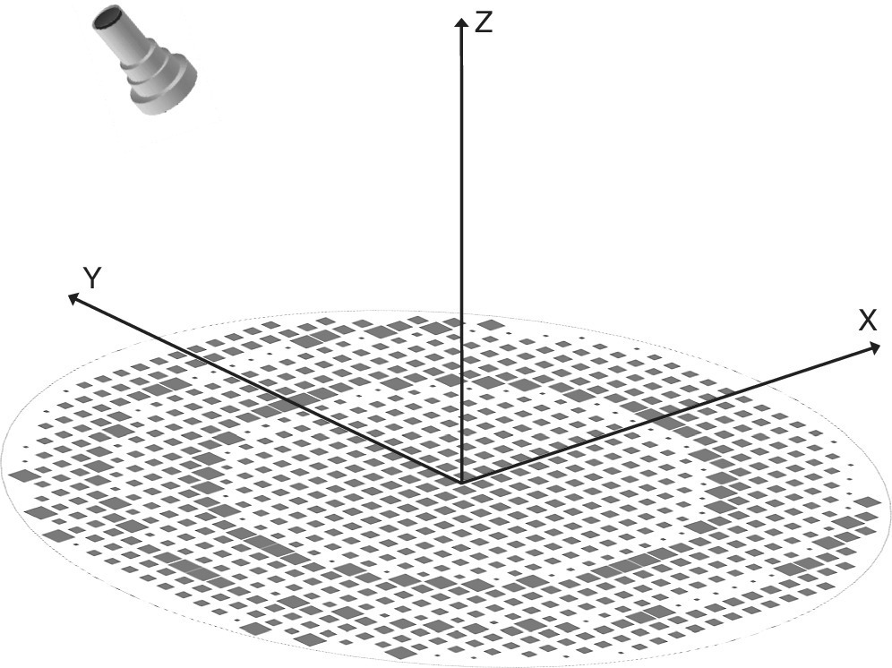 Illustration displaying a typical geometry of a planar reflectarray antenna, with plane axis Y, Z, and X at the middle.