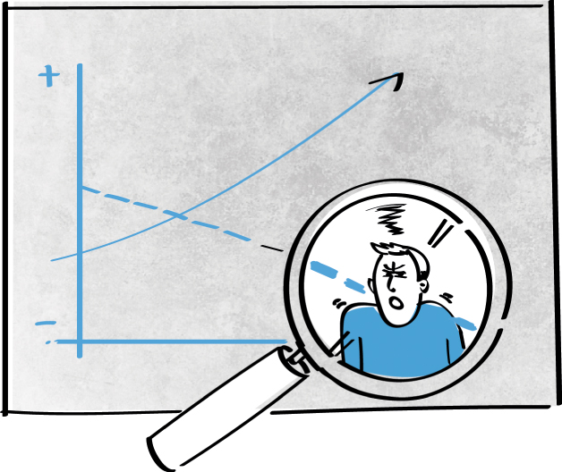 Illustration of a magnifying glass viewing a frowning man at the end of a decreasing curve on a graph.
