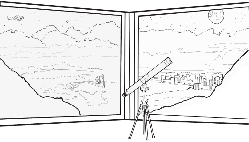 A schematic diagram for new vistas in a digital world with a telescope and scenery outside a window.