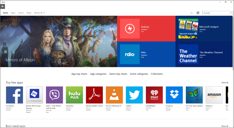 Screenshot of the Windows Store home page in Windows 10 interface displaying free downloadable apps.