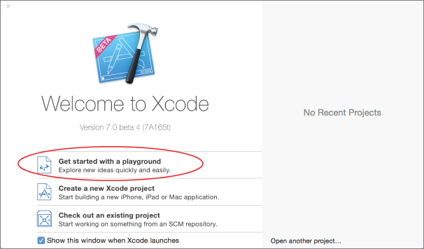 Screenshot of Xcode welcome screen with Get started with a playground option encircled.
