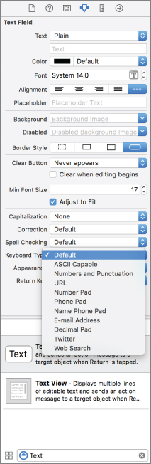 Screenshot of Attribute Inspector dialog box with Default highlighted in drop-down menu of Keyboard type.