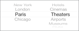 Screenshot of picker view with two columns, with the values: New York, London, Paris (prominent in the center), Chicago; and Hotels, Cinemas, Theaters (prominent in the center), Airports, Museums, Clubs. 