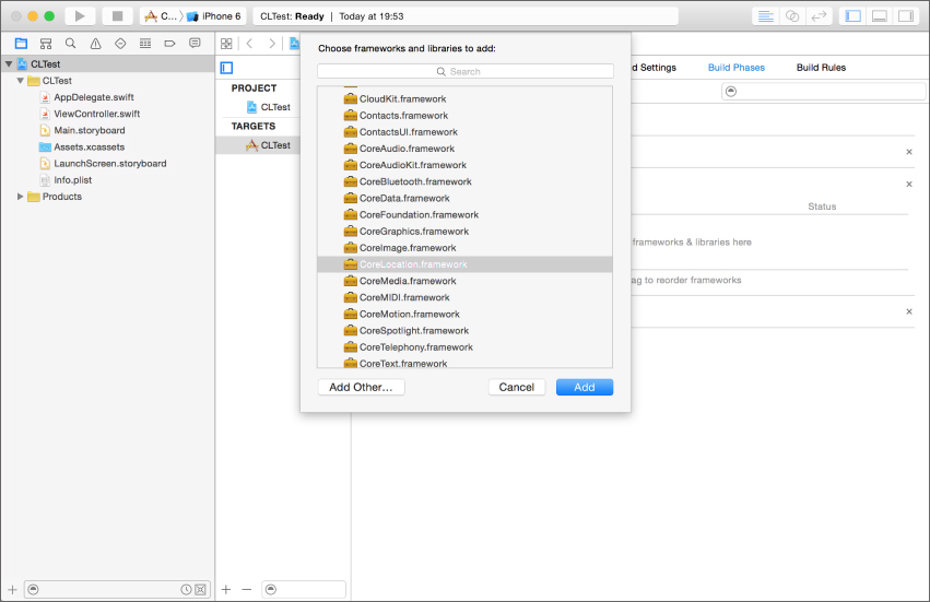 Screenshot of Xcode Settings page,with menu with words Choose frameworks and libraries to add: and CoreLocation.framework highlighted (gray), with buttons Add Other, Cancel and Add(blue). 