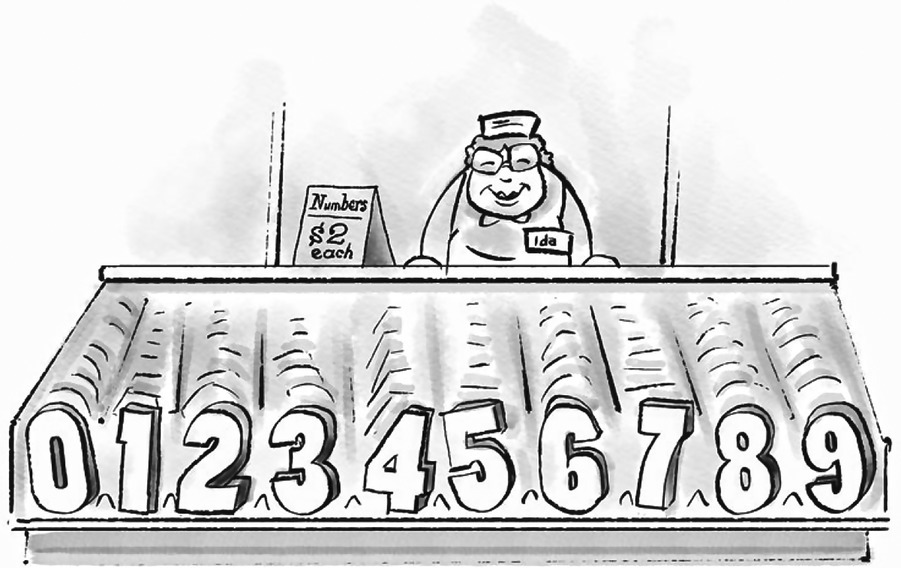 Cartoon illustration of a person smiling, wearing hat, and in eyeglasses, with a table in front with numbers 0, 1,2,3,4,5,6,7,8,and 9.