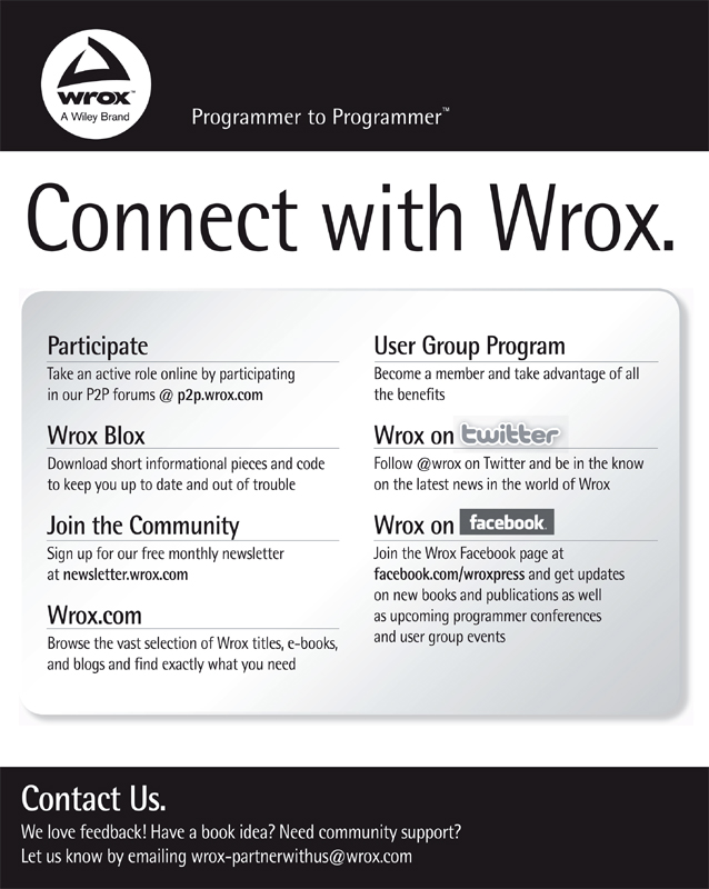“Wrox” logo on top left; “Programmer to Programmer” on right. “Connect with Wrox”below. Box below displays features: “Participate”, “Wrox Blox”, “Join the Community”, “Wrox.com”, “User Group Program”, “Wrox on twitter”, “Wrox on facebook”. “Contact us” at bottom.