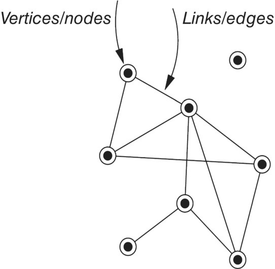 Schematic illustrating a network model with vertices/nodes (shaded circle inside a circle) connected to other vertices/nodes. The connecting lines are labeled as links/edges.