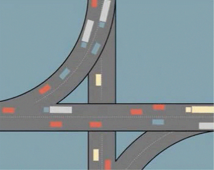 Figure depicting a flyover bridge over a road with moving traffic. Both the road and the flyover have a slip road.