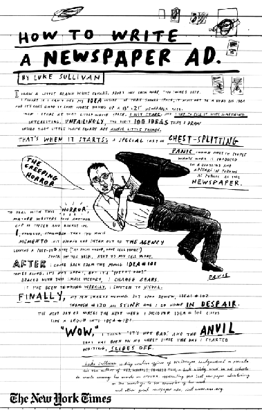Figure representing a hand-written paper on how to write a newspaper ad by Luke Sullivan, where the author describes strategy he used in writing an ad. Also on the paper is depicted a man lying down and writing something on a paper having an anvil on his chest.