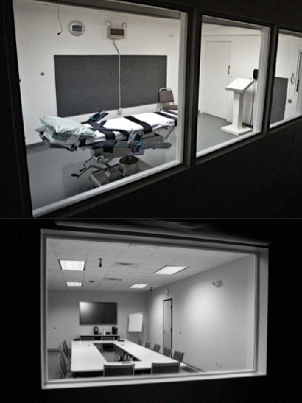 Part one depicts a photograph of an execution chamber and part two depicts a photograph of a boardroom, both observed from behind the glass.