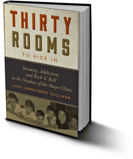 Figure depicting a book titled “THIRTY ROOMS TO HIDE IN” written by Luke Longstreet Sullivan. Six boys in a row lying on their stomach is depicted at the bottom of the cover page.
