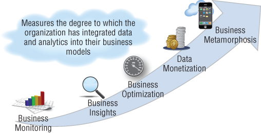 Big Data Business Model Maturity Index depicted as a northeast arrow with icons of business monitoring, business insights, business optimization, data monetization, and business metamorphosis (left-right).
