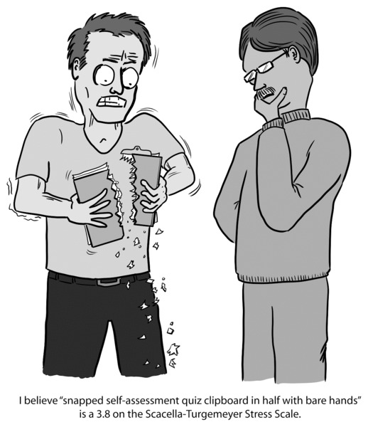 Cartoon shows a man saying “I believe ‘snapped self-assessment quiz clipboard in half with bare hands’ is a 3.8 on the Scacella-Turgemeyer Stress Scale” while observing another man breaking a clipboard.