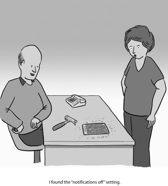 Cartoon shows a man saying, ‘I found the “notifications off” setting’ to a woman after breaking the iPad by hammer. 