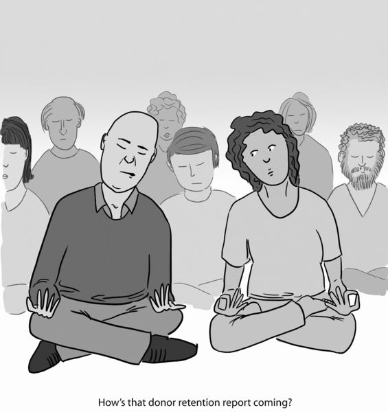 Cartoon shows a man leaning over to the woman next to him during yoga class to surreptitiously ask, ‘How’s that donor retention report coming?’ 