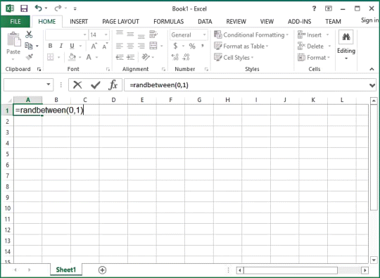 Screenshot of an Excel sheet depicting the first step for constructing a basic statistical simulation in Excel. In the cell A1 is written randbetween(0,1).