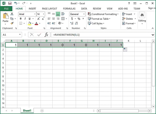 Screenshot of an Excel sheet depicting the next step for constructing a basic statistical simulation in Excel by copying A1 to B1 through J1 (B1:J1).