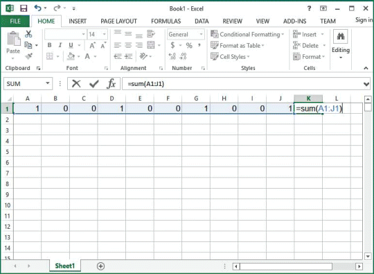 Screenshot of an Excel sheet depicting the next step for constructing a basic statistical simulation in Excel. In the cell K1 is written sum(A1:J1) that gives the head count.