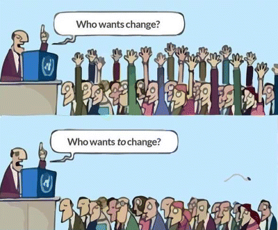 A cartoon image depicting a person who is addressing a crowd. At the top, the person is asking “who wants change?” and the people in the crowd have raised their hands in the reply. At the bottom, the same person is asking the same question, and in reply no has raised the hand.