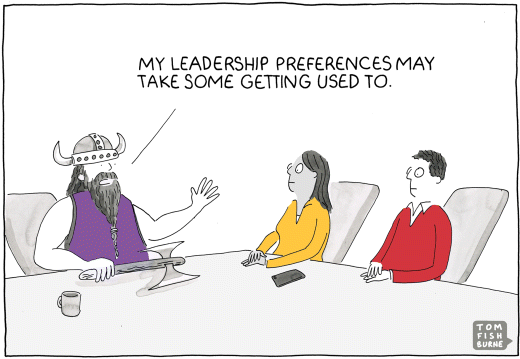 A cartoon image depicting a leader and two employees, where the leader is saying “my leadership preferences may take some getting used to.”