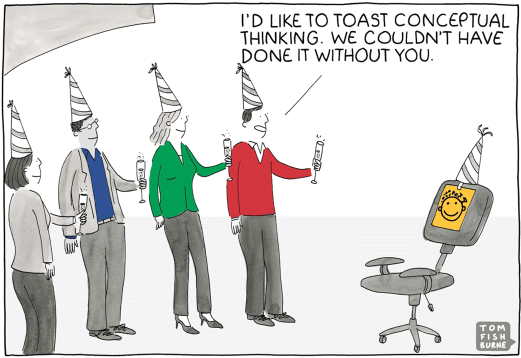 A cartoon image depicting some people standing towards a chair. First person in the row is saying “I would like to toast conceptual thinking. We couldn't have done it without you.”