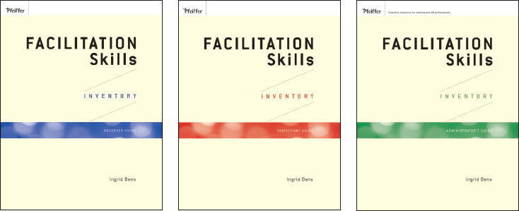 Figure depicting the title pages for three subjects of  Facilitation Skills Inventory (FSI): observe guide, participant guide, and administrator's guide.
