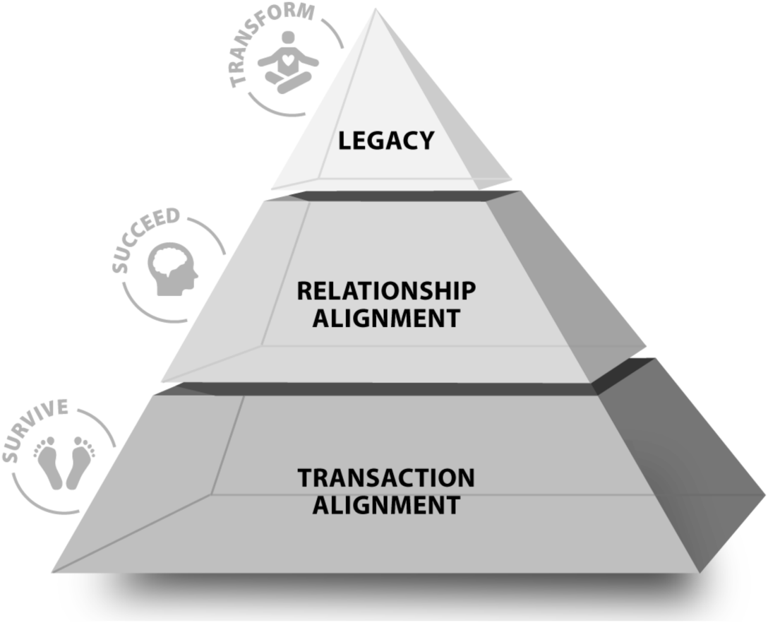 Figure depicting a pyramid. Starting from the base, the pyramid is classified into transaction alignment, relationship alignment, and legacy.