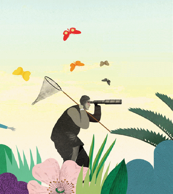 A cartoon image depicting a view of the forest where a hunter holding net in the left hand watching something by a telescope.
